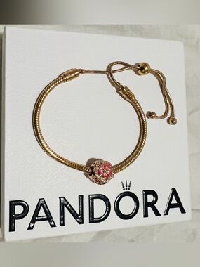 Pandora Rose Gold Snake Chain Bracelet with Pink Floral Charm